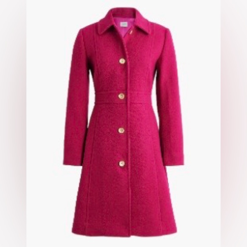 J. Crew Hot Pink Wool Blend Trench Coat with Gold Buttons